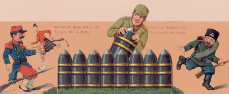 Tysk karikatur - Tysk artillerist finder de tunge granater frem - modstanderen flygter i rædsel