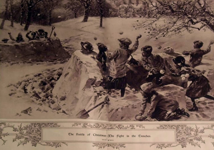 Jule billede fra 1914 med drenge som leger i skyttegraven