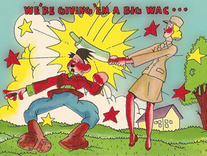 Amerikansk humoristisk postkort - hvor en WAC slår Hitler med en kagerulle